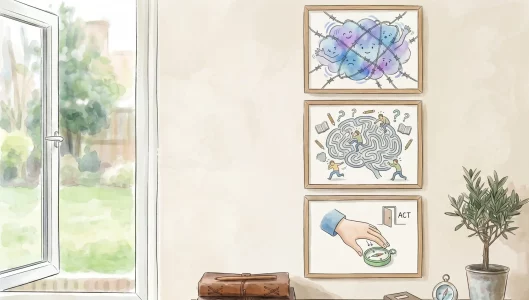 Illustration representing difficult thoughts and feelings and learning to respond to them differently through Acceptance and Commitment Therapy (ACT).