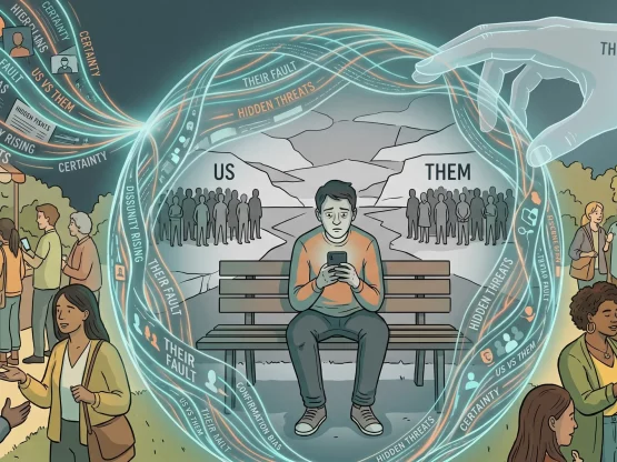 Illustration of a person on a bench surrounded by a digital bubble of information showing “us vs them” narratives, with divided groups in the background and social scenes outside the bubble.
