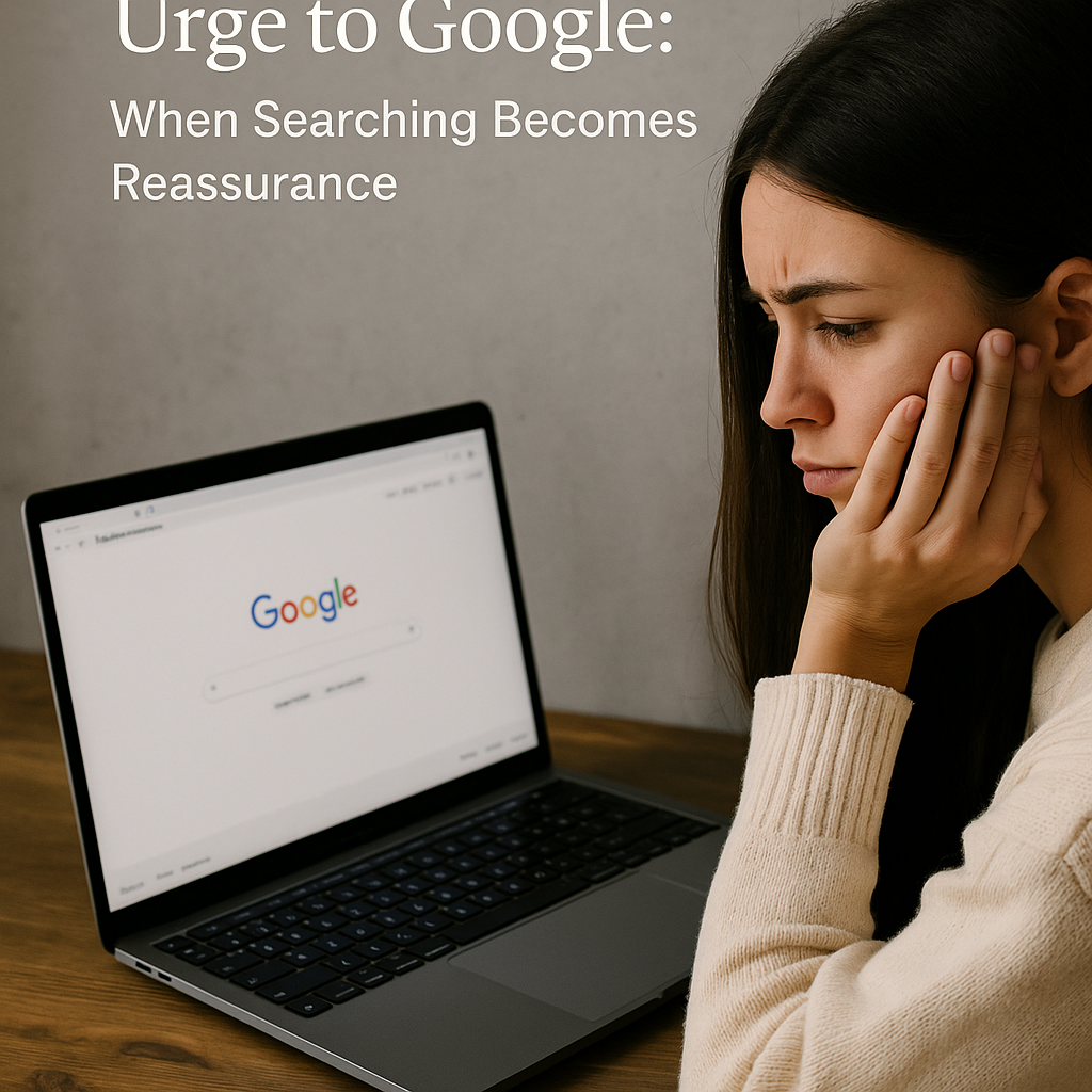 Anxious woman searching on Google, representing anxiety and reassurance seeking.
