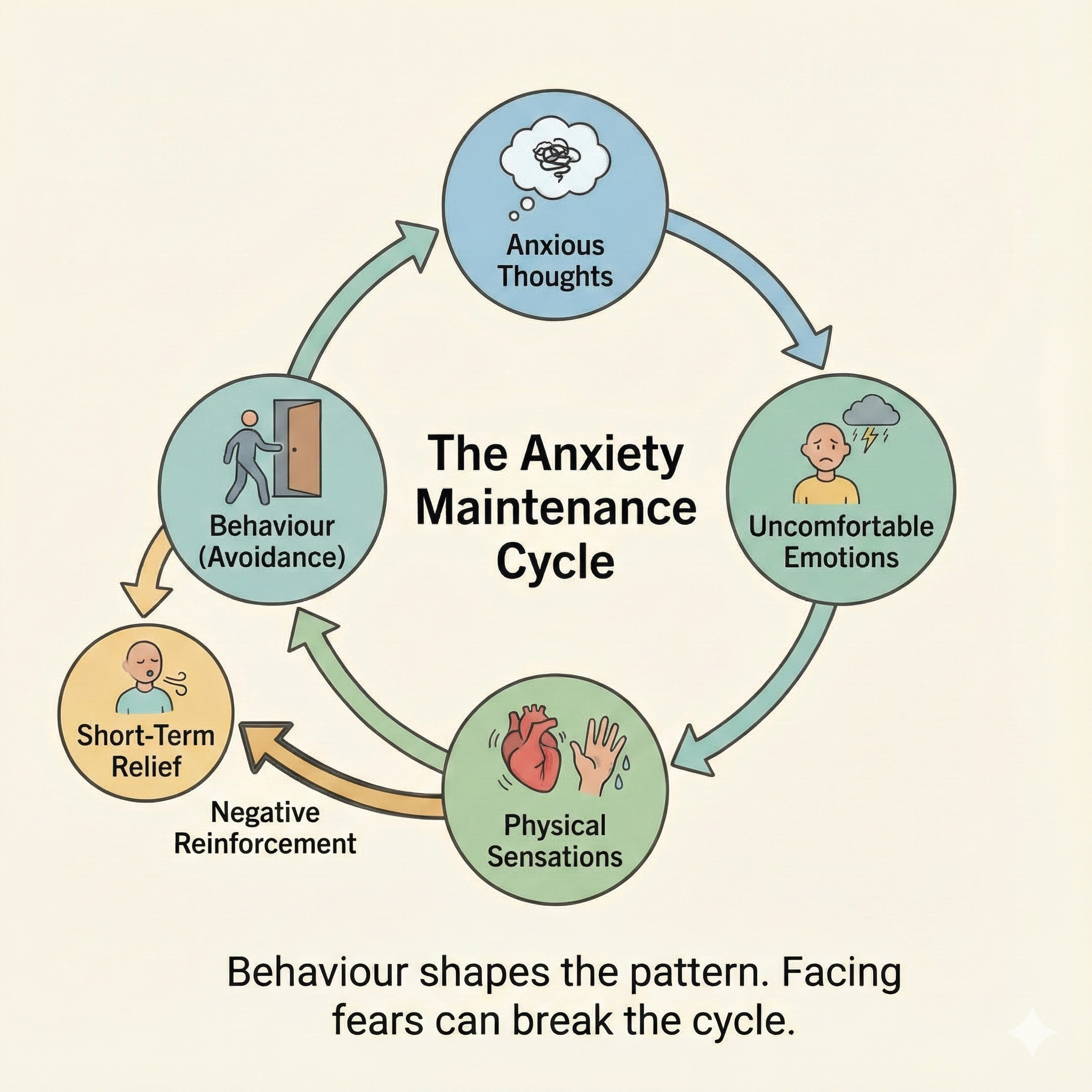 A friendly diagram showing the anxiety maintenance cycle with anxious thoughts, uncomfortable emotions, physical sensations, avoidance behaviour, and short term relief.