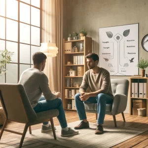 Illustration of a therapist and client in a counselling session, representing CBT for anxiety treatment in Crouch End and Muswell Hill.