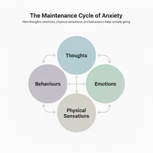 Diagram showing the anxiety maintenance cycle in CBT, illustrating how thoughts, emotions, physical sensations, and behaviours interact to maintain anxiety.