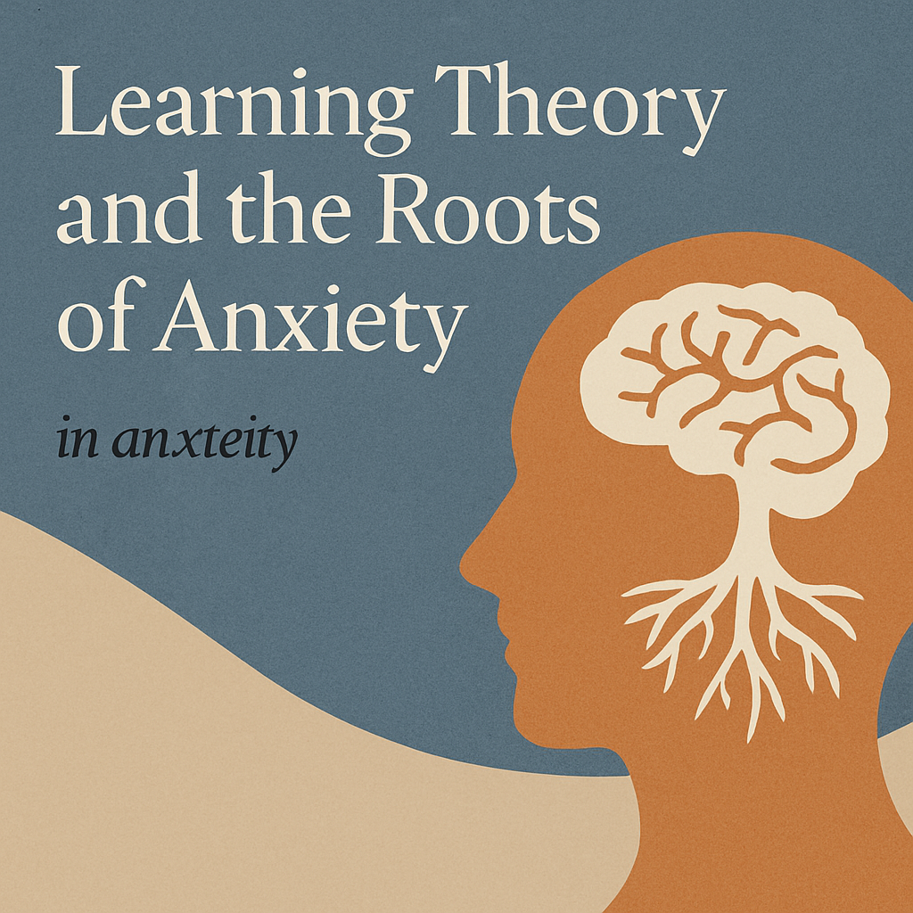 Illustration showing a human head with a brain shaped like tree roots, representing learning theory and the psychological roots of anxiety