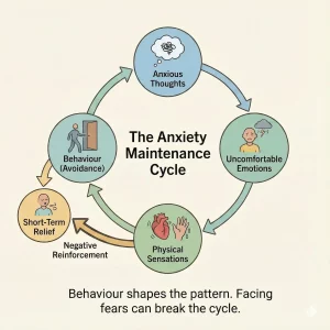 A friendly diagram showing the anxiety maintenance cycle with anxious thoughts, uncomfortable emotions, physical sensations, avoidance behaviour, and short term relief.