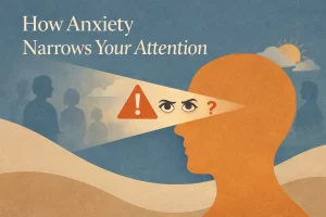 An illustration showing anxiety narrowing attention into a tight beam of focus with warning symbols inside.