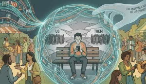 Illustration of a person on a bench surrounded by a digital bubble of information showing “us vs them” narratives, with divided groups in the background and social scenes outside the bubble.