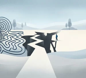 Illustration of a person standing at the edge of a widening crack in the ground, symbolising how avoiding anxiety can make fears feel larger and more overwhelming over time.