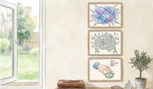 Illustration representing difficult thoughts and feelings and learning to respond to them differently through Acceptance and Commitment Therapy (ACT).