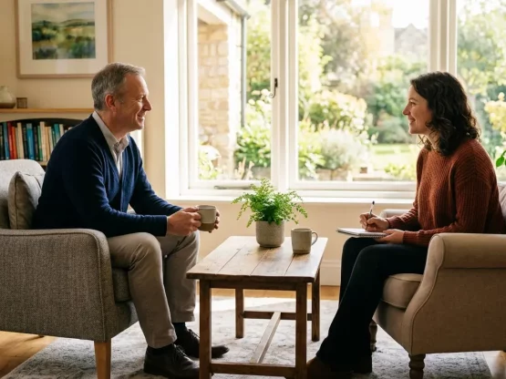 Clinical supervision session between therapist and counsellor in a calm, professional setting in Crouch End London