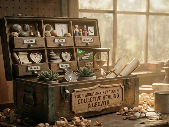 A wooden toolbox labelled “Group” filled with small drawers and items, representing shared tools and support in group therapy
