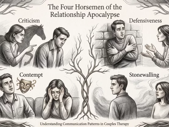 The four horsemen of the relationship apocalypse: criticism, contempt, defensiveness and stonewalling, illustrated in the Gottman approach to relationships.