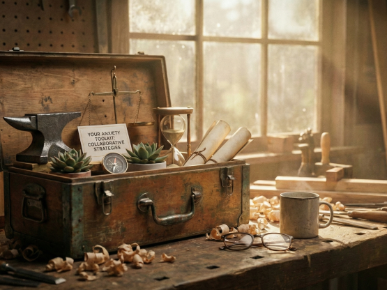A well used wooden toolbox sitting on a workshop bench with light coming through the window, representing a practical toolkit approach for treating anxiety disorders with CBT, REBT and acceptance and commitment therapy.
