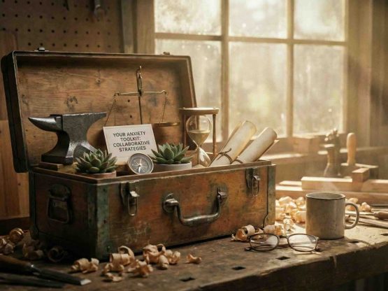 A well used wooden toolbox sitting on a workshop bench with light coming through the window, representing a practical toolkit approach for treating anxiety disorders with CBT, REBT and acceptance and commitment therapy.