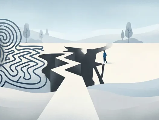Illustration of a person standing at the edge of a widening crack in the ground, symbolising how avoiding anxiety can make fears feel larger and more overwhelming over time.