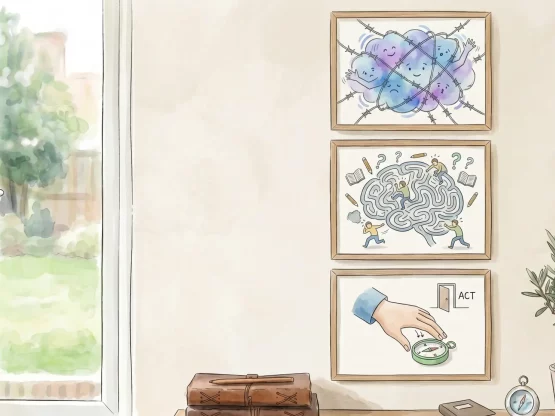 Illustration representing difficult thoughts and feelings and learning to respond to them differently through Acceptance and Commitment Therapy (ACT).